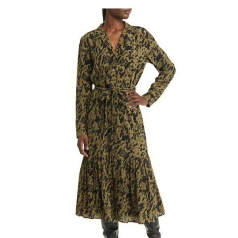 Rails Beatrice Animal Print Shirtdress Olive Watercolor Leopard Size Small
